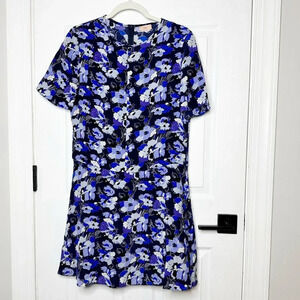 NELL 100% Silk Size 8 Short Sleeve‎ Blue Floral Drop Waist Dress